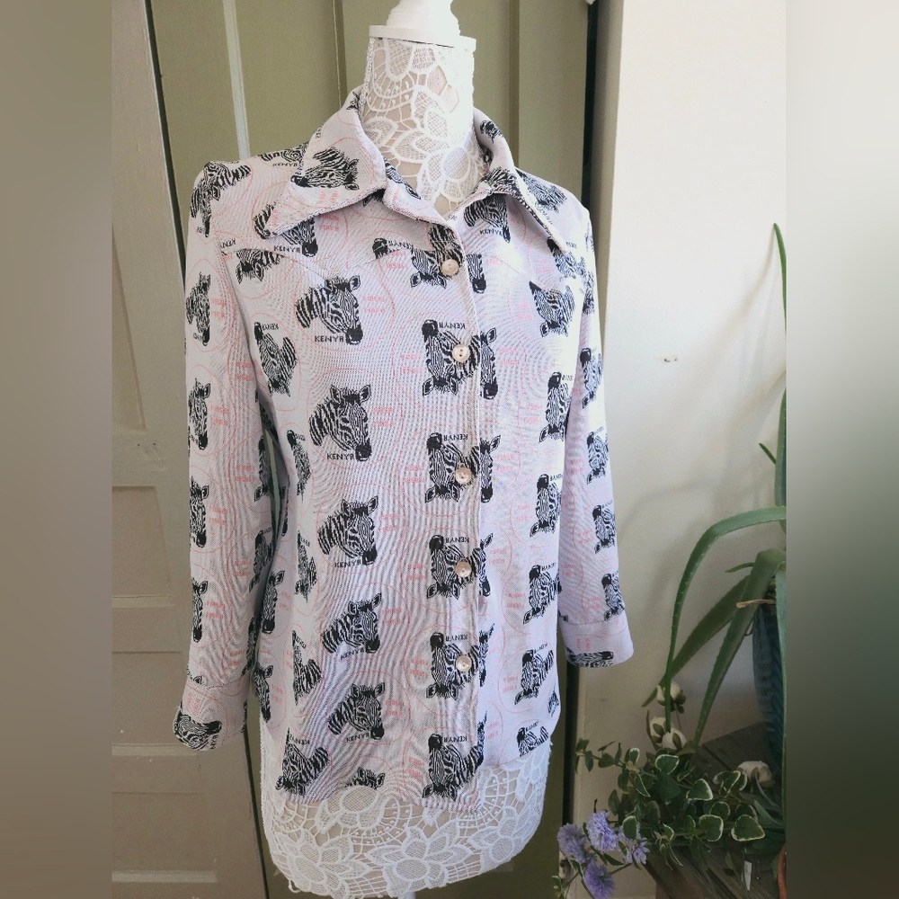 Vintage 70s Masai Mara Zebra Double Knit Polyester Western Shirt Women’s Small